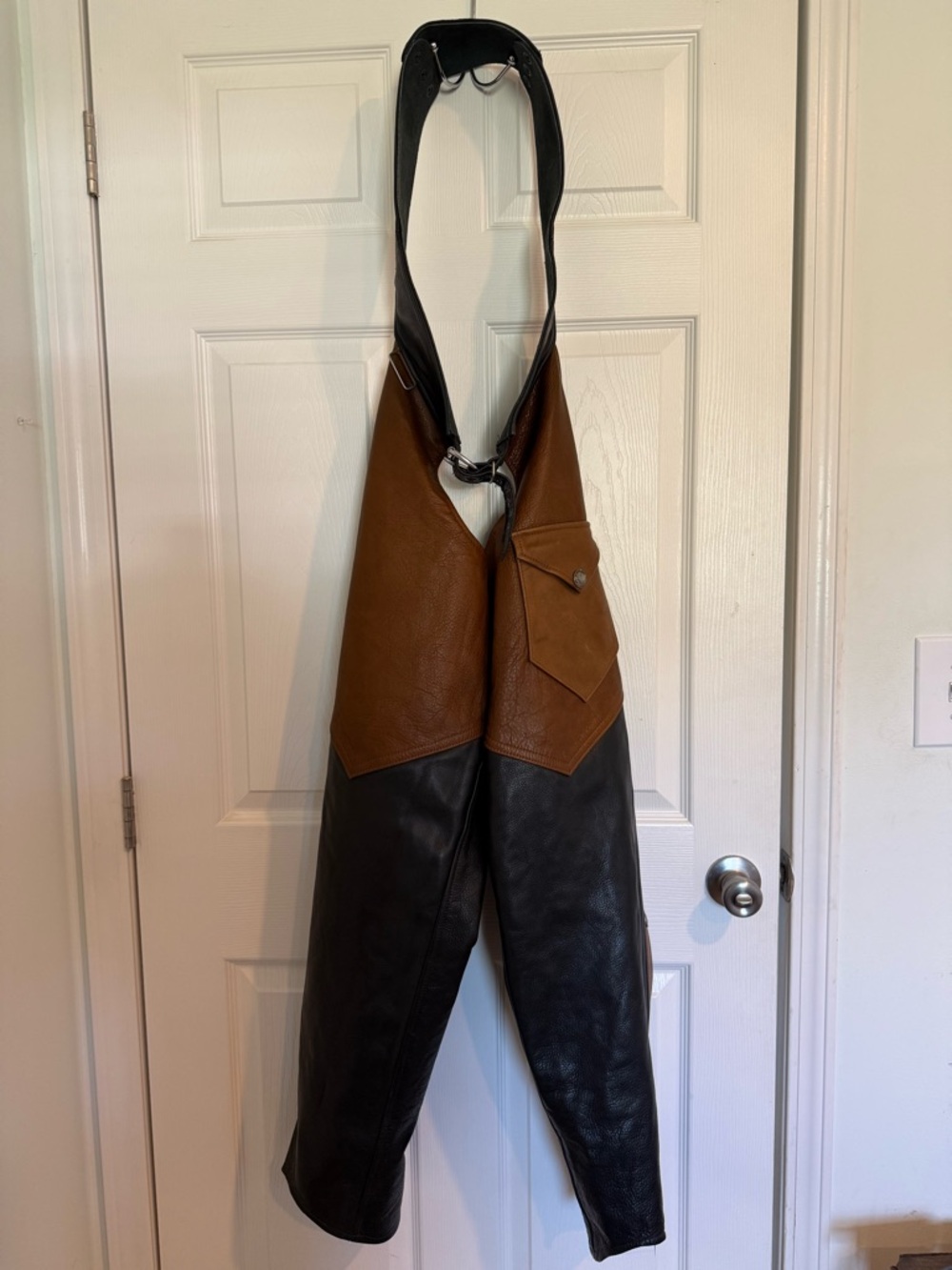 Men's Two-Tone Brown and Black Leather chaps.